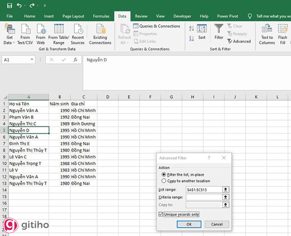 Lọc dữ liệu trùng bằng Advanced Filter (2)