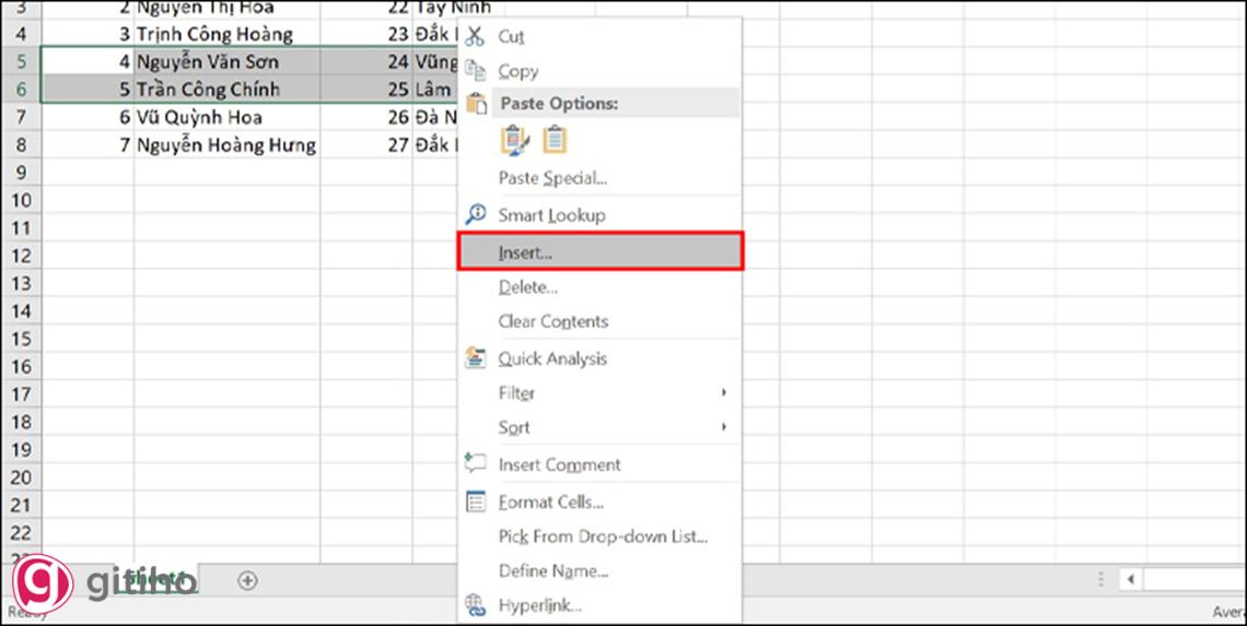 Cách 1 sử dụng công cụ Insert để chèn dòng mới trong excel (1)