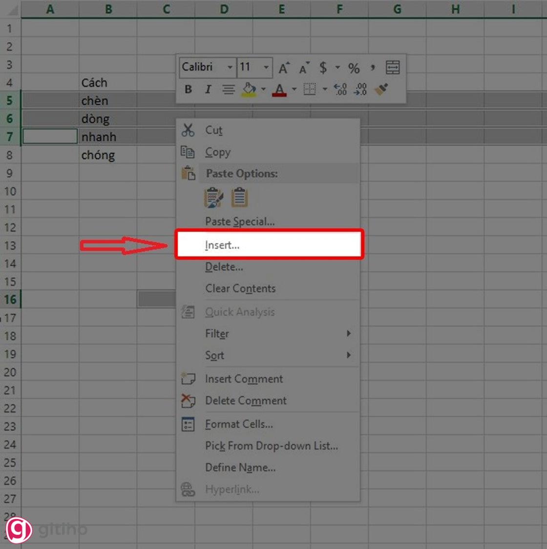 Thêm nhiều dòng xen kẽ không đều trong excel (2)