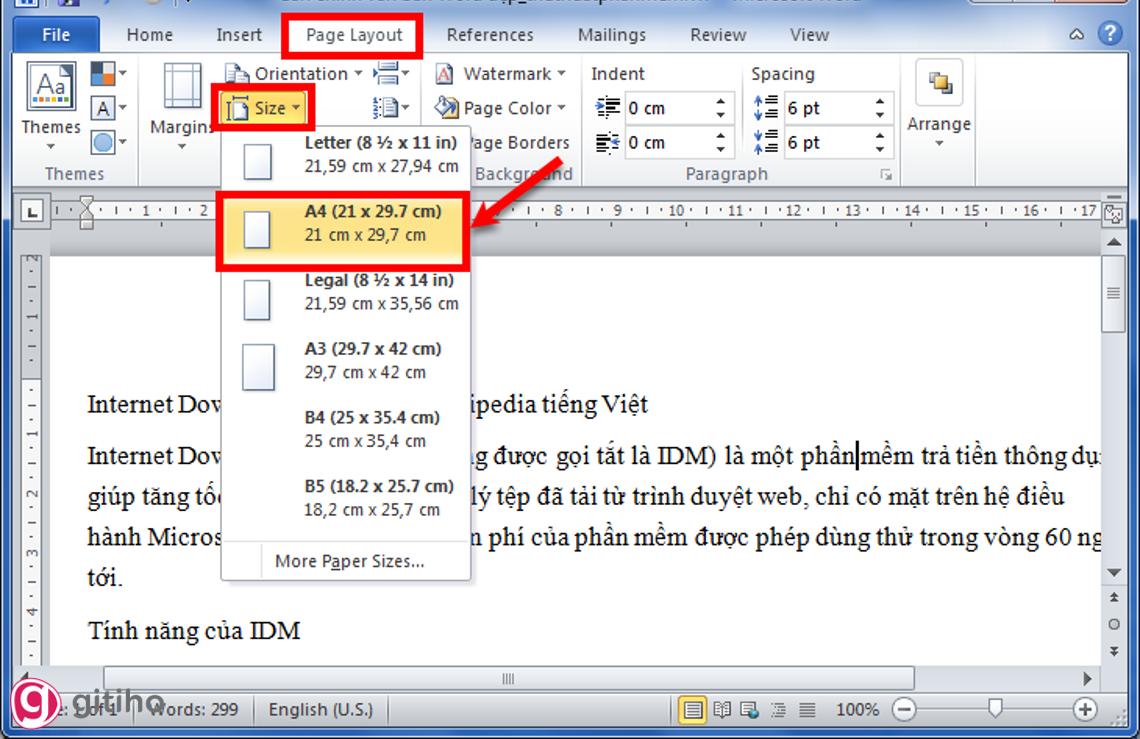 Chọn khổ giấy trong Word