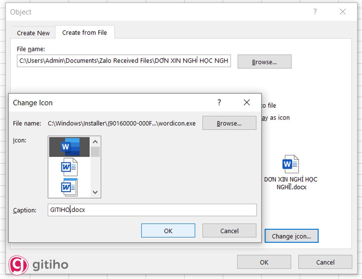 Thao tác đổi tên file đã chèn trong Excel