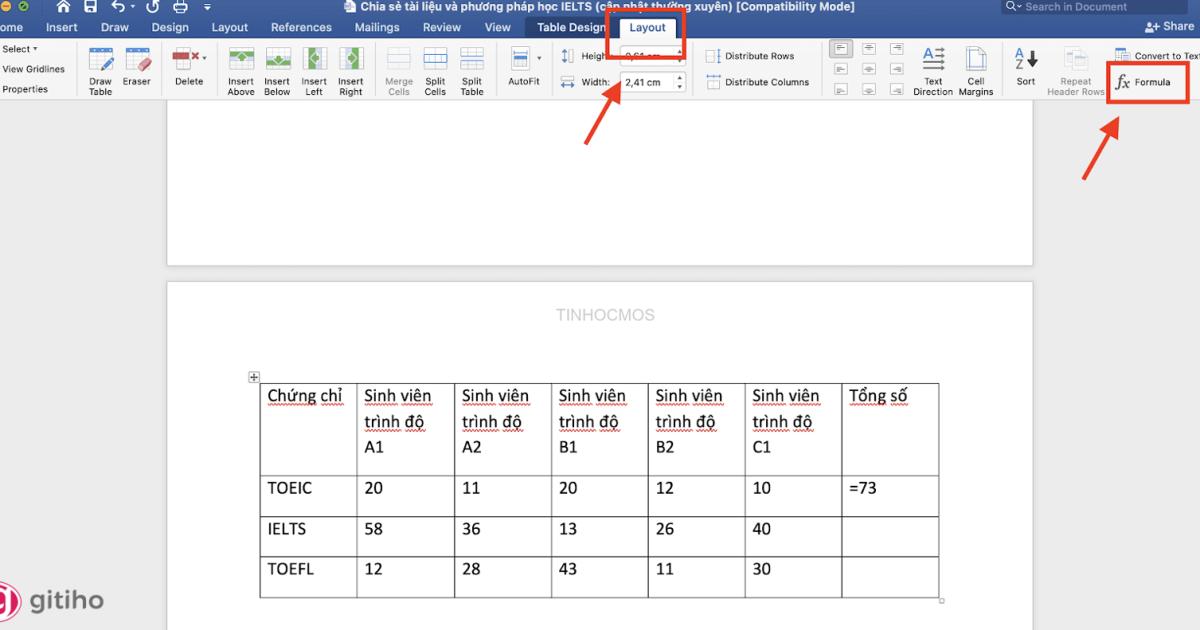 Sử dụng tham đối vị trí để tính tổng trong Word (1)