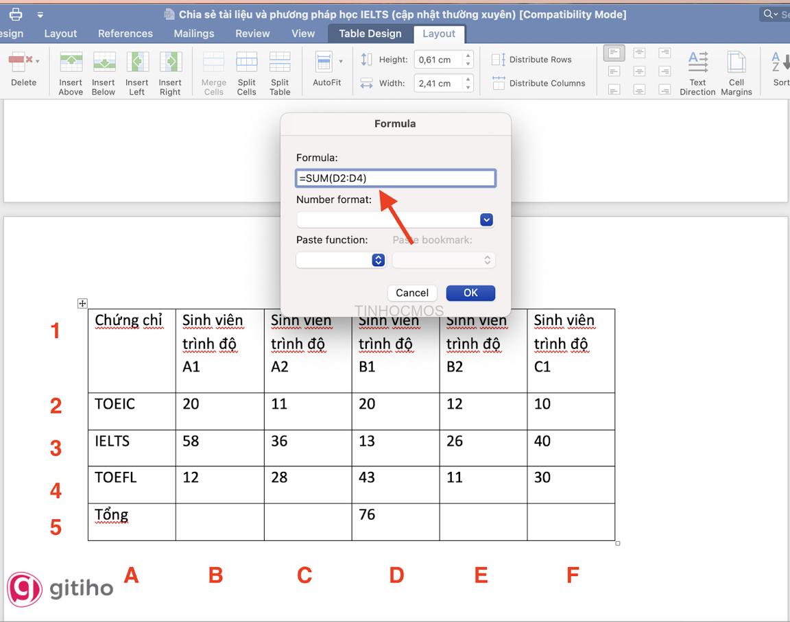 Sử dụng tham chiếu vị trí để tính tổng trong Word