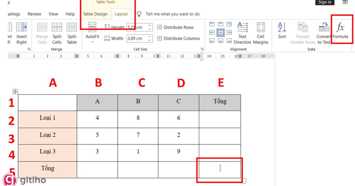 Cách tính tổng nhiều hàng, nhiều cột trong Word (1)