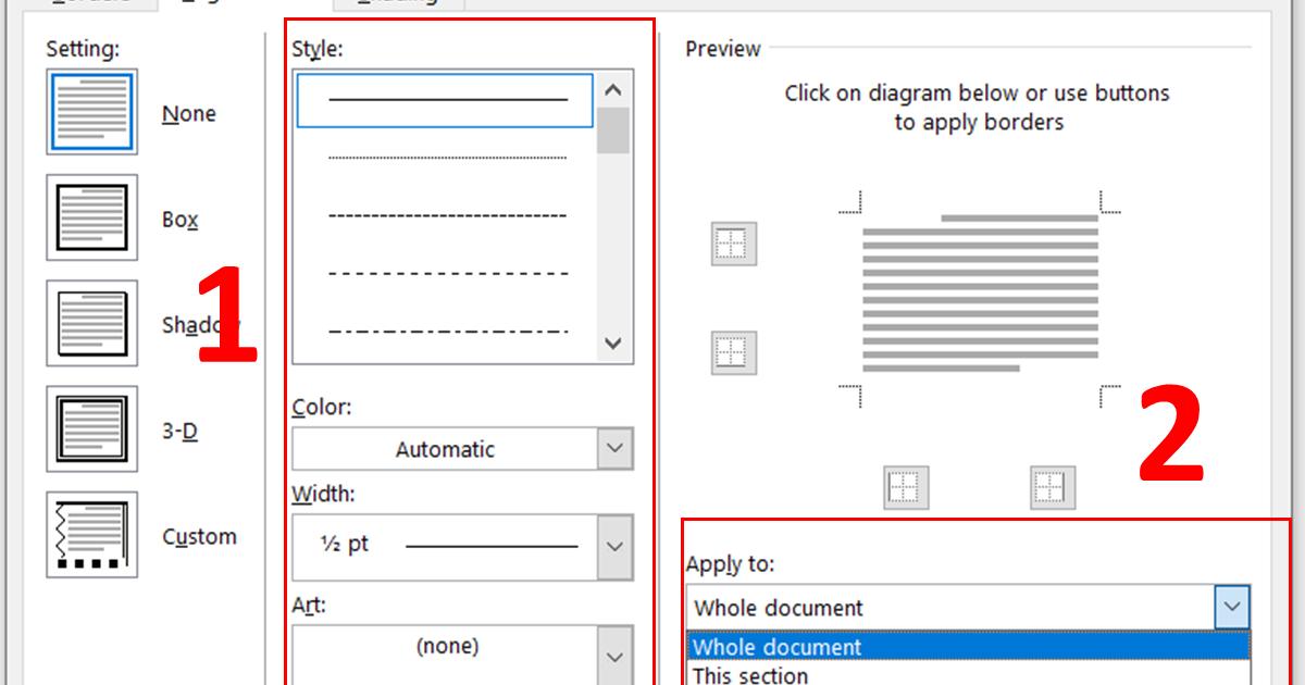 Tạo khung viền cho toàn bộ trang của văn bản bằng thẻ Pages Borders