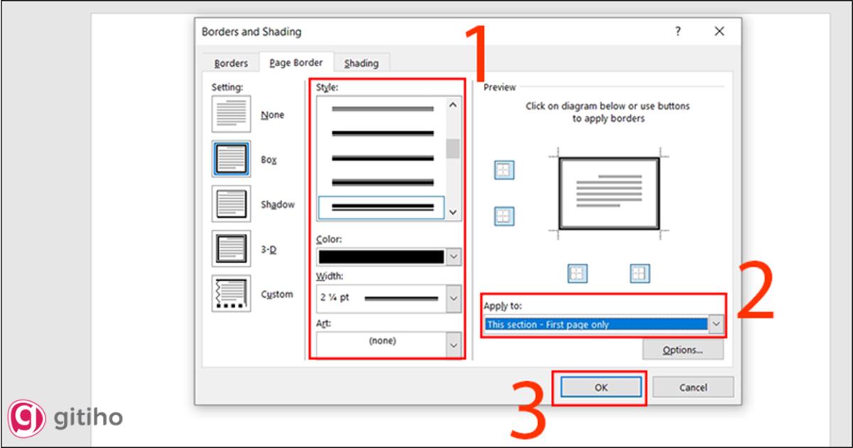 Tạo khung viền cho trang đầu tiên của văn bản bằng thẻ Pages Borders (3)