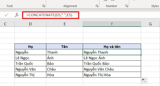 Gộp nhiều cột trong Excel có xuống dòng với hàm concatenate