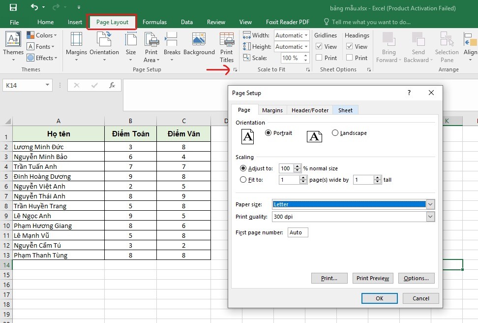 Chọn khung A4 cho dữ liệu trên Excel của bạn