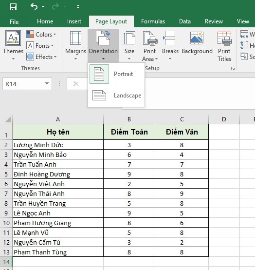 Phím tắt chọn chiều in trong Excel