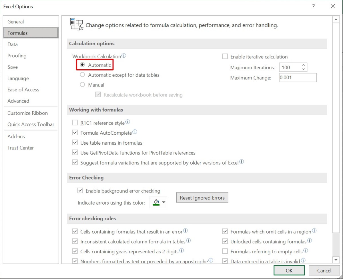 Hướng dẫn cách khắc phục lỗi Excel không chạy công thức