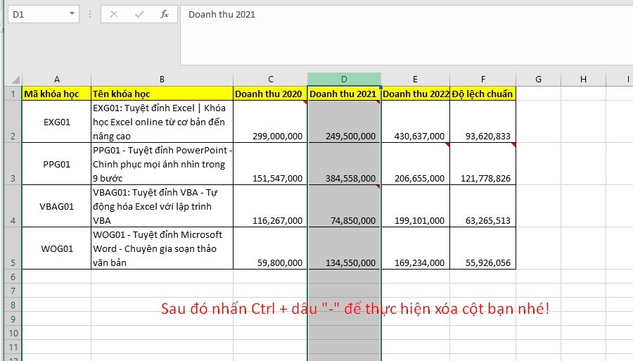 Hướng dẫn phím tắt xóa cột trong Excel nhanh chóng, đơn giản