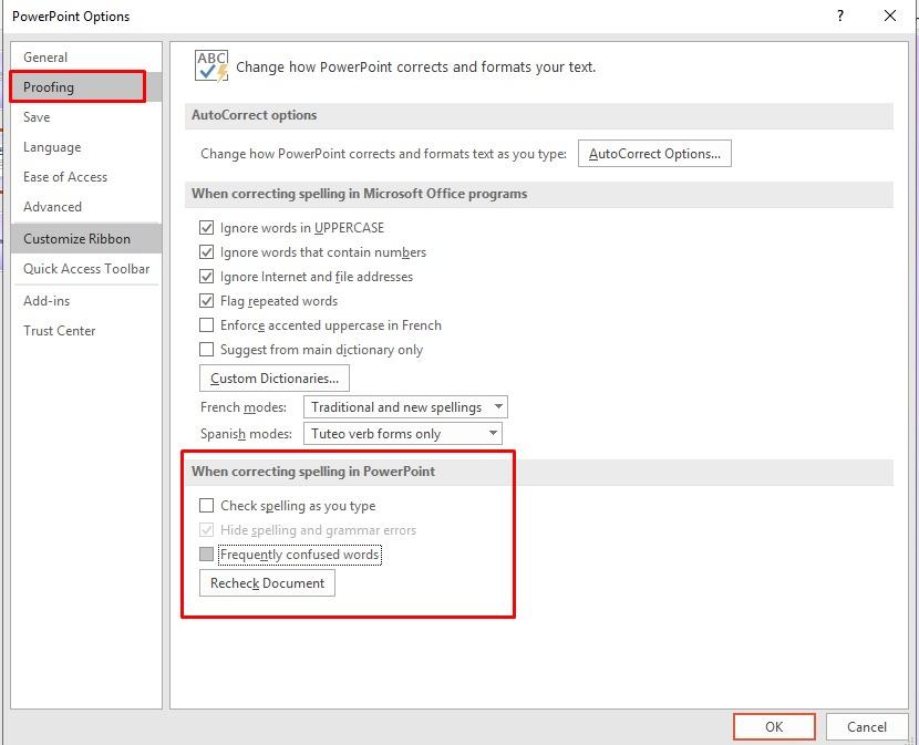 Bỏ chọn các mục trong When correcting spelling in PowerPoint