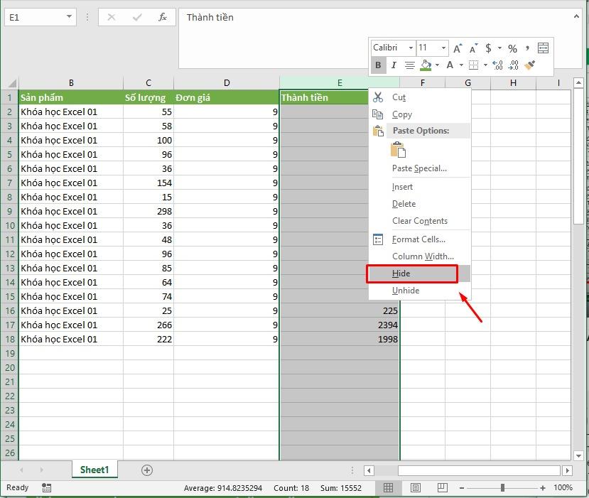 Hướng dẫn cách ẩn cột trong Excel đơn giản, ai cũng làm được