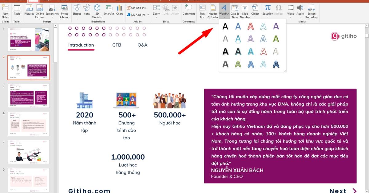 Sử dụng Word Art để chèn chữ nghệ thuật