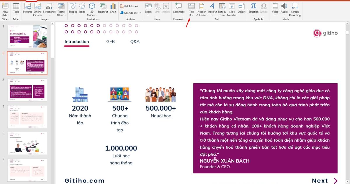 Sử dụng Text box để chèn chữ vào slide