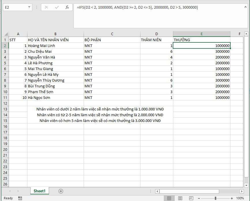 Cách dùng hàm IFS trong Excel như thế nào? Có ví dụ