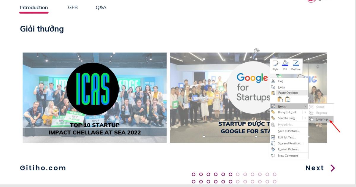 Click Ungroup để thực hiện bỏ chọn nhóm đối tượng