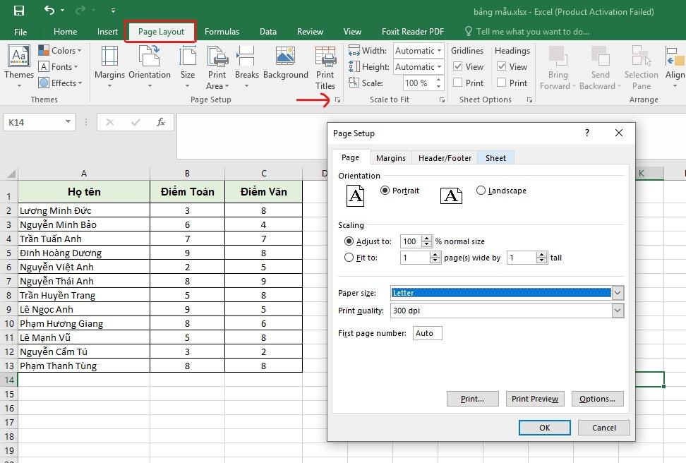 Mở cài đặt Page Setup trong Excel