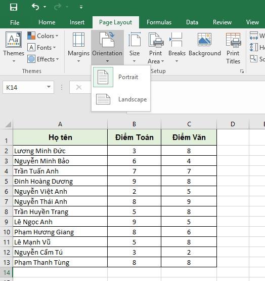 Phím tắt chọn chiều in trong Excel