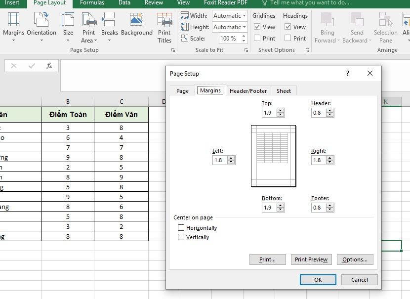 Chọn thẻ Margins để căn lề cho trang tính