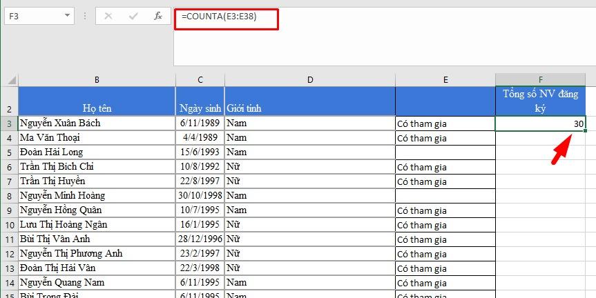 Cách dùng hàm đếm ô có dữ liệu trong Excel chi tiết nhất