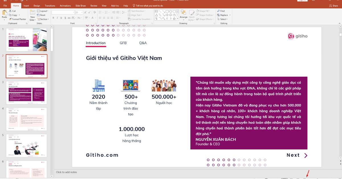 Click vào biểu tượng chiếc cốc dưới góc phải để trình chiếu slide