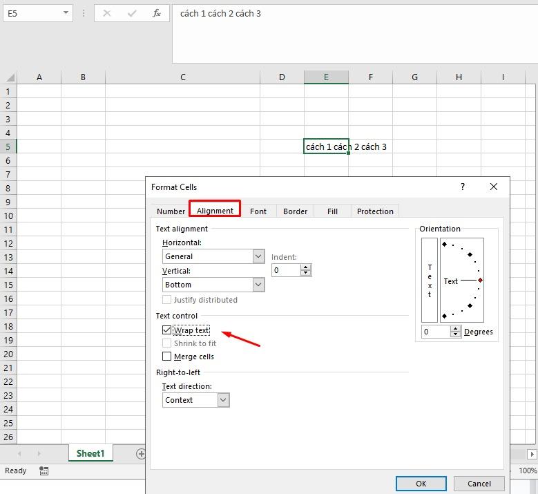 Cọn Wrap Text để xuống dòng trong Excel