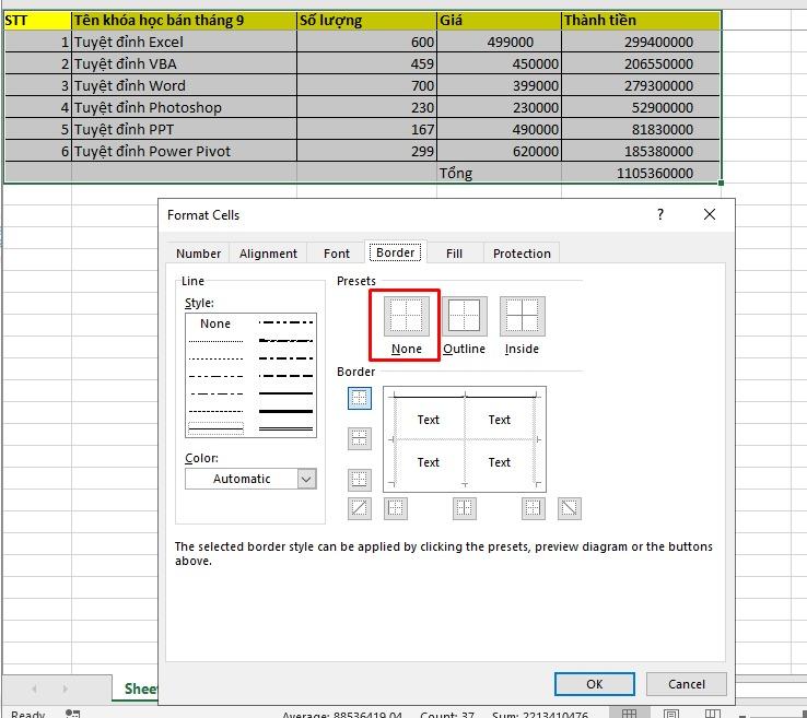 Hướng dẫn cách xóa dòng kẻ trong Excel đơn giản, kèm ví dụ