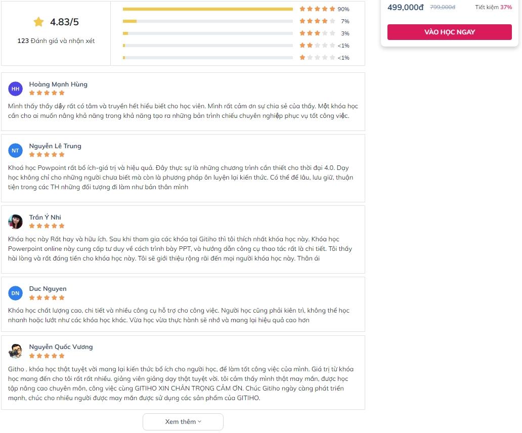 Tất cả đánh giá khóa học trên Gitiho đều là đánh giá thật từ người học