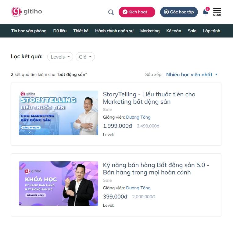 2 khóa học về bán hàng bất động sản trên nền tảng Gitiho