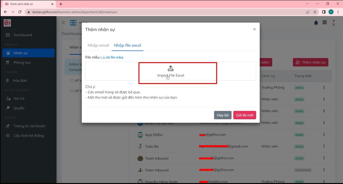 Hệ thống LMS cho phép bạn tải lên danh sách nhân viên từ file Excel