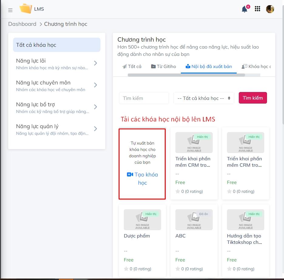 Hệ thống LMS cho phép tải lên các khóa học nội bộ