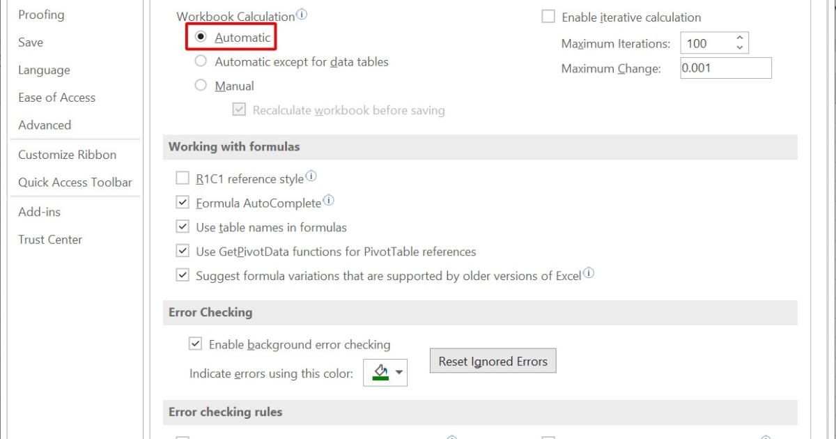Hướng dẫn cách khắc phục lỗi Excel không chạy công thức