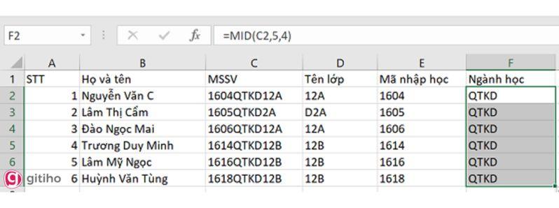 cách lấy ký tự giữa trong excel