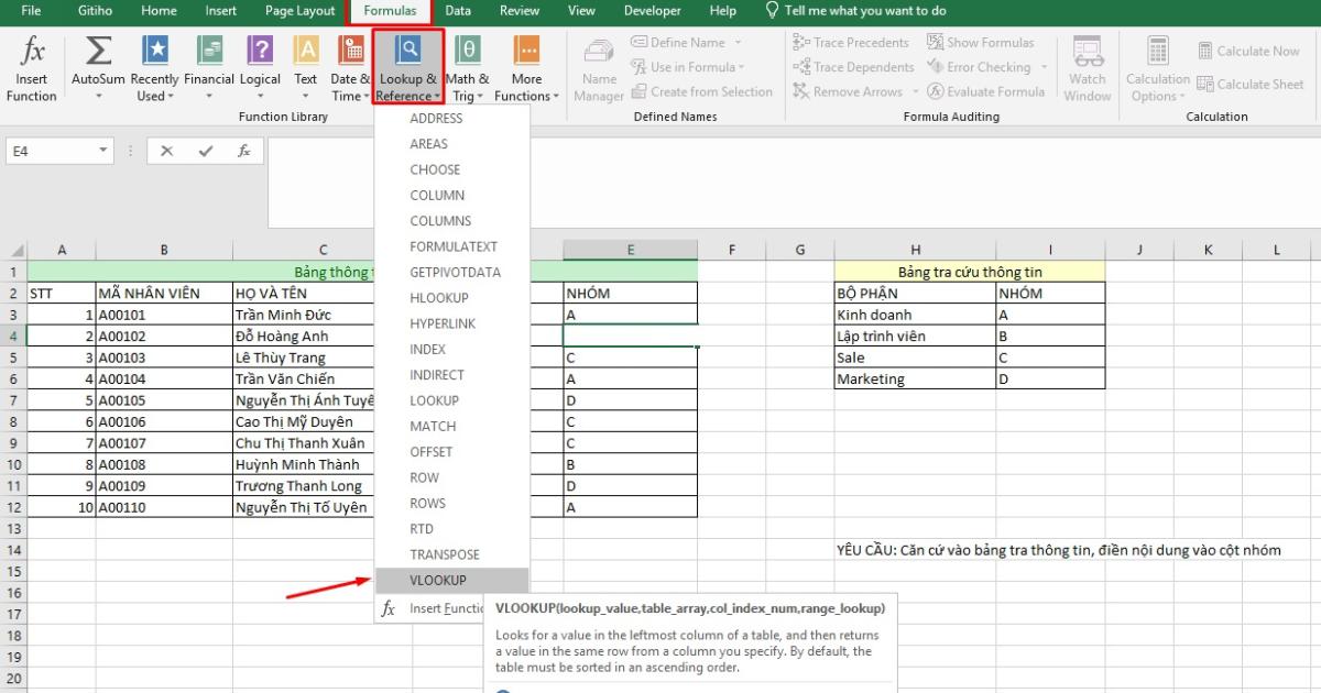 Nhập hàm Vlookup bằng thanh Menu trong Excel