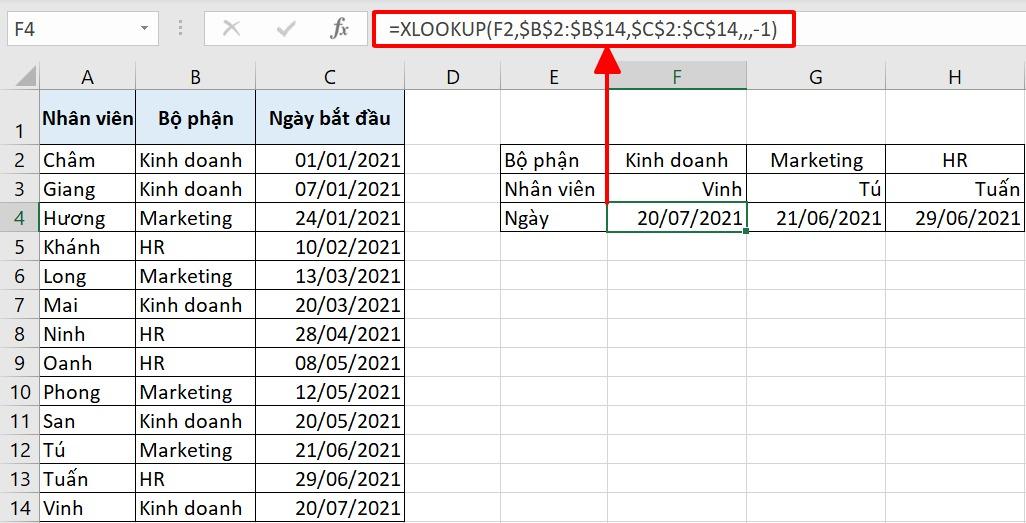 XLOOKUP tìm giá trị khớp cuối cùng