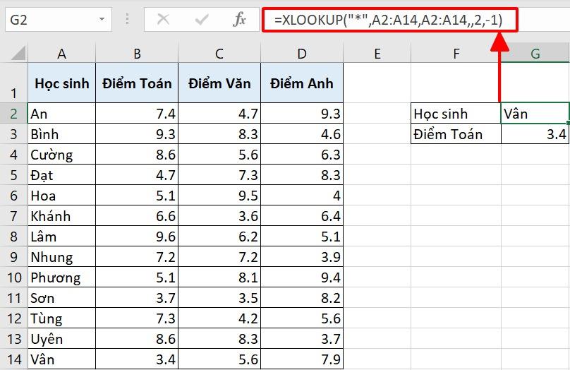 XLOOKUP tìm giá trị cuối cùng của cột với ký tự đặc biệt