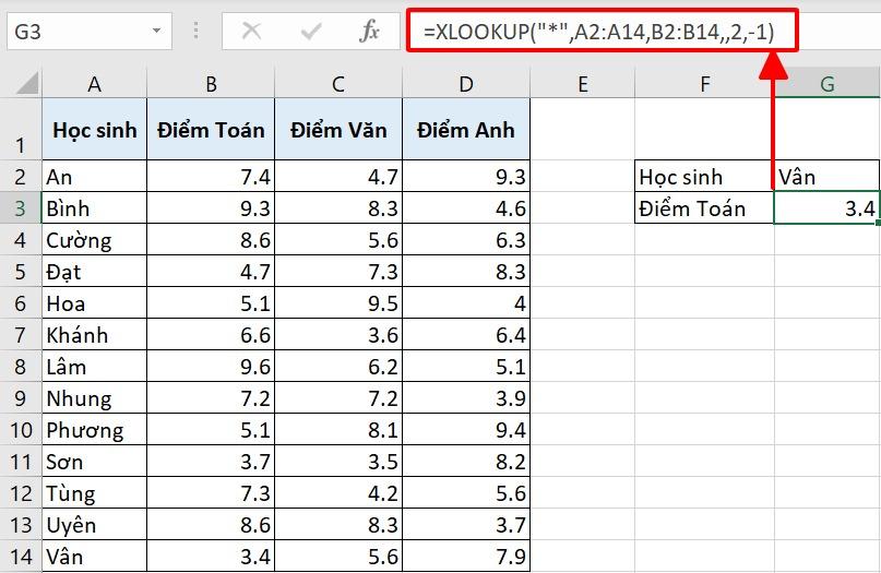 XLOOKUP tìm giá trị cuối cùng của cột với ký tự đặc biệt
