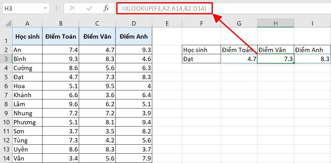 Hàm XLOOKUP trả về nhiều giá trị ở các ô liên tiếp