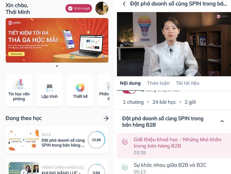 Hệ thống LMS của Gitiho for Leading Business được tích hợp trên thiết bị di động