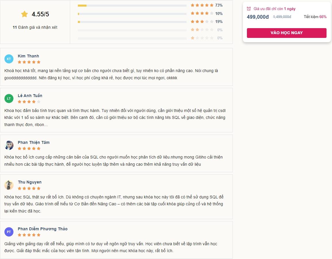 Những đánh giá 4,5 sao về khóa học Truy vấn dữ liệu với SQL