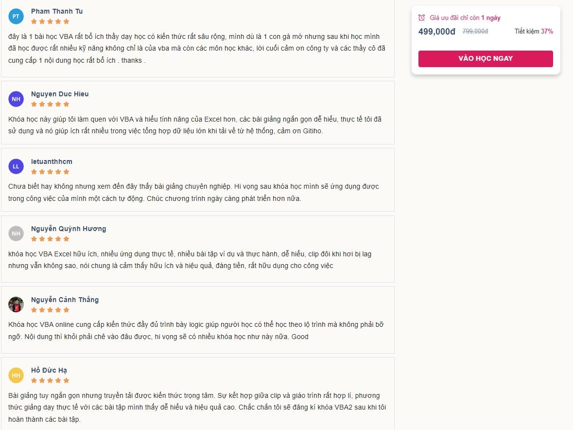 Người học đánh giá cao về khóa học lập trình VBA của Gitiho