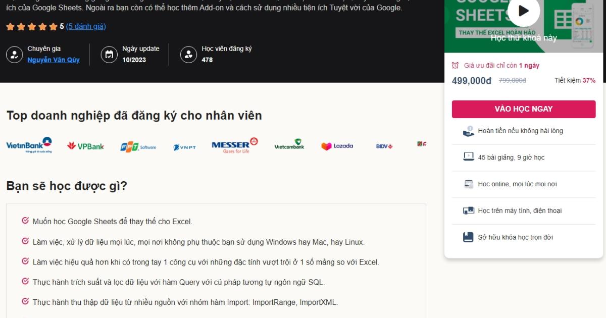 Khóa học Google Sheets từ cơ bản đến nâng cao