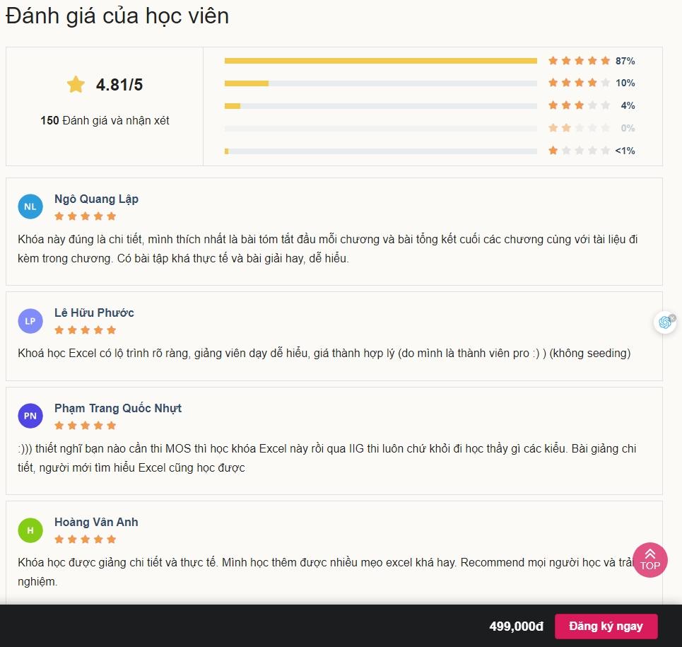 Khách hàng đánh giá chất lượng khóa học Excel cho người đi làm