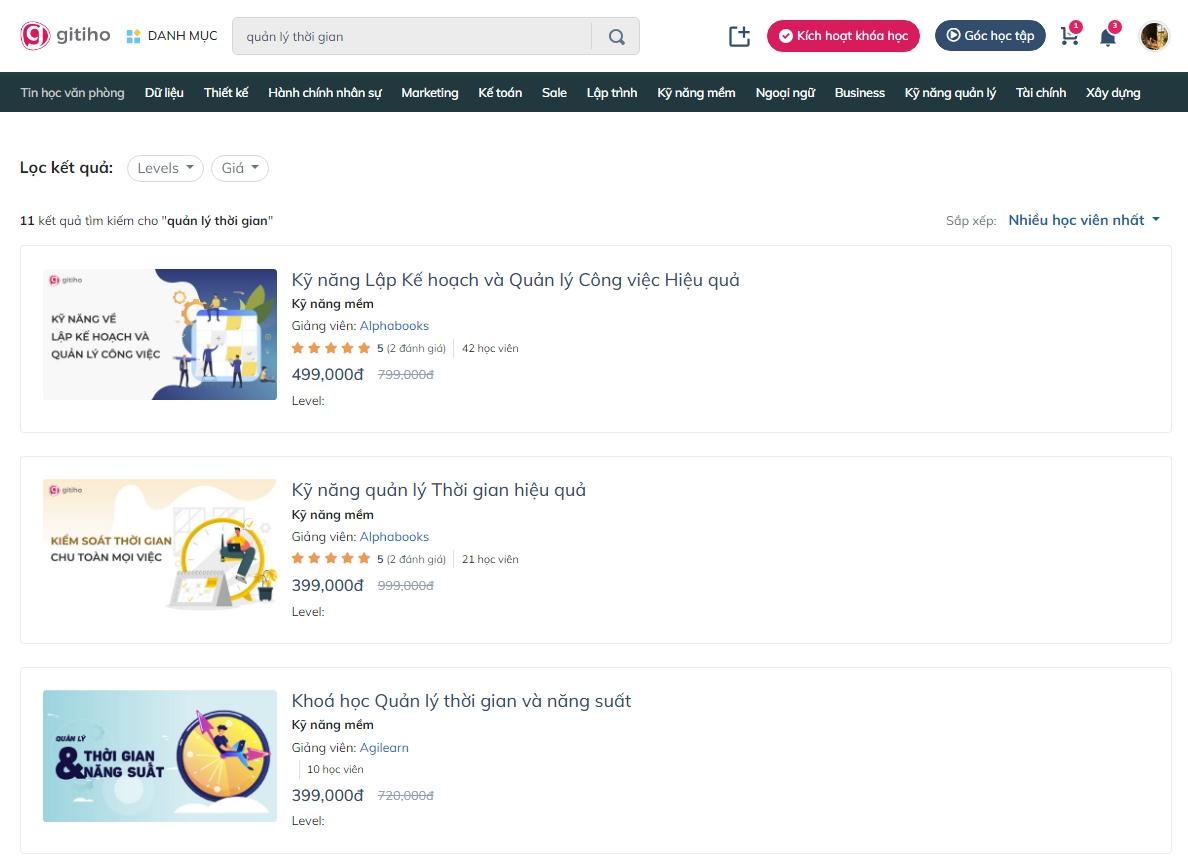 Một số khóa học Quản lý thời gian trên nền tảng Gitiho