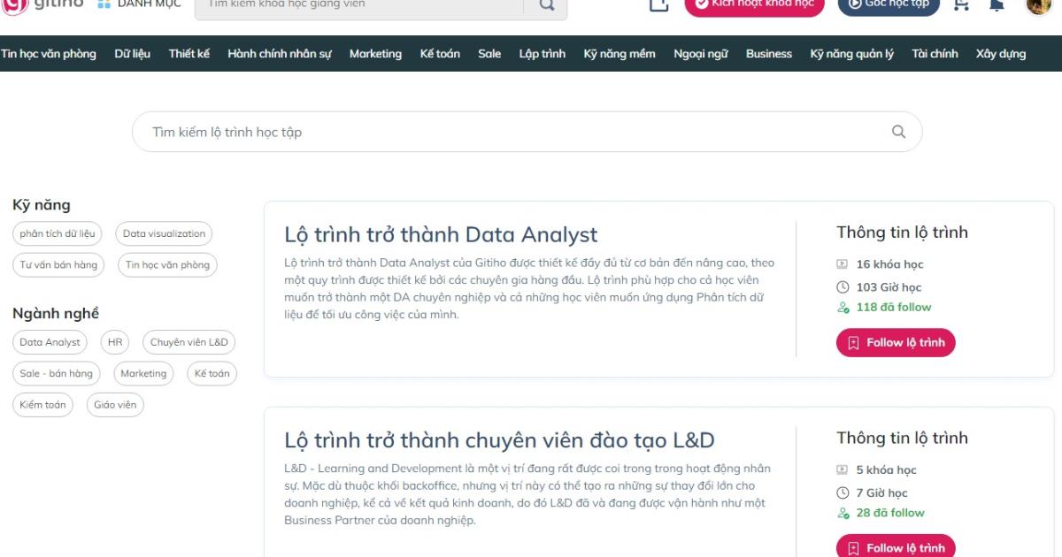Lộ trình học tập trên nền tảng giáo dục Gitiho
