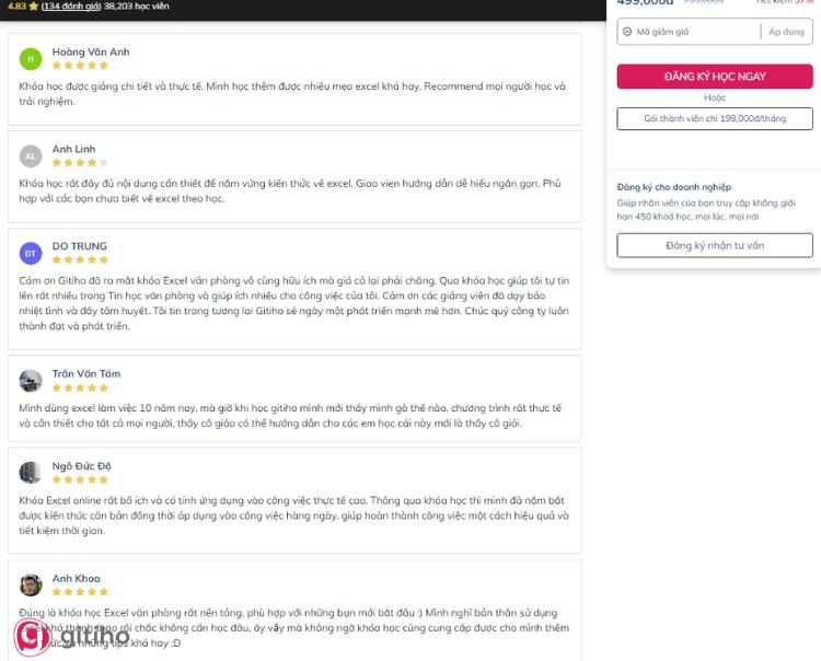Những đánh giá 5 sao từ học viên khi hoàn thành khóa học Tin học văn phòng tại Gitiho