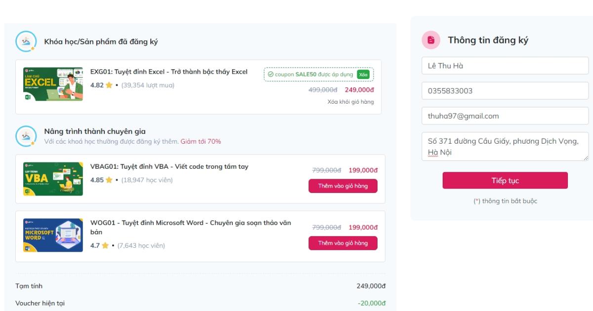Điền thông tin đăng ký để thanh toán khóa học