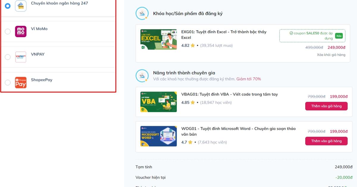 Lựa chọn hình thức thanh toán khóa học 
