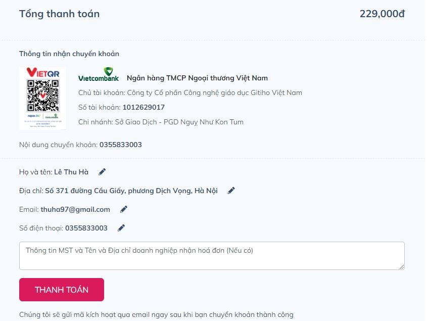 Sau khi thanh toán thành công, mã kích hoạt sẽ được gửi qua email của khách hàng